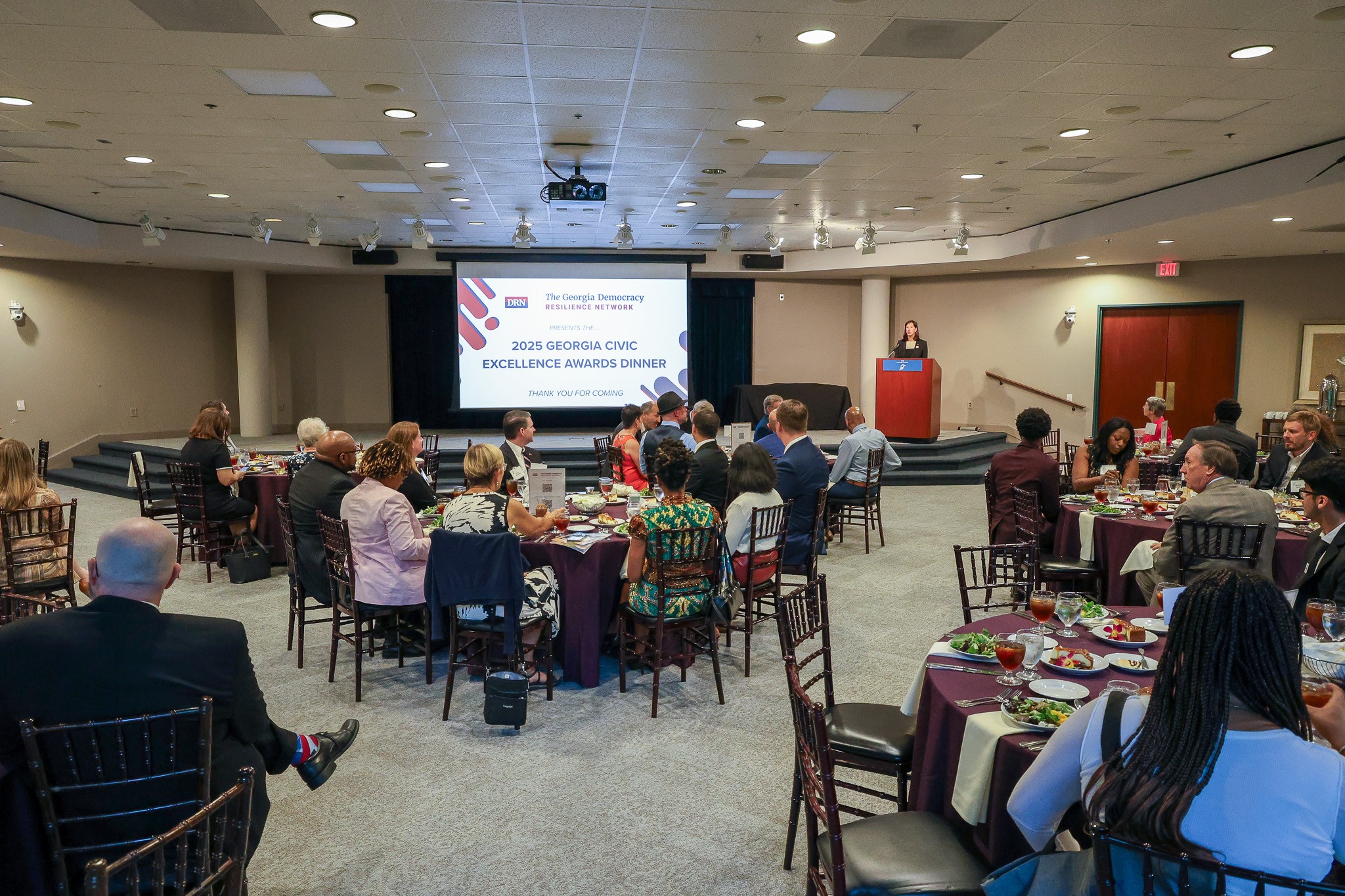 Paige Alexander, CEO of The Carter Center, speaks to attendees of the second annual Georgia Civic Excellence Awards Dinner.